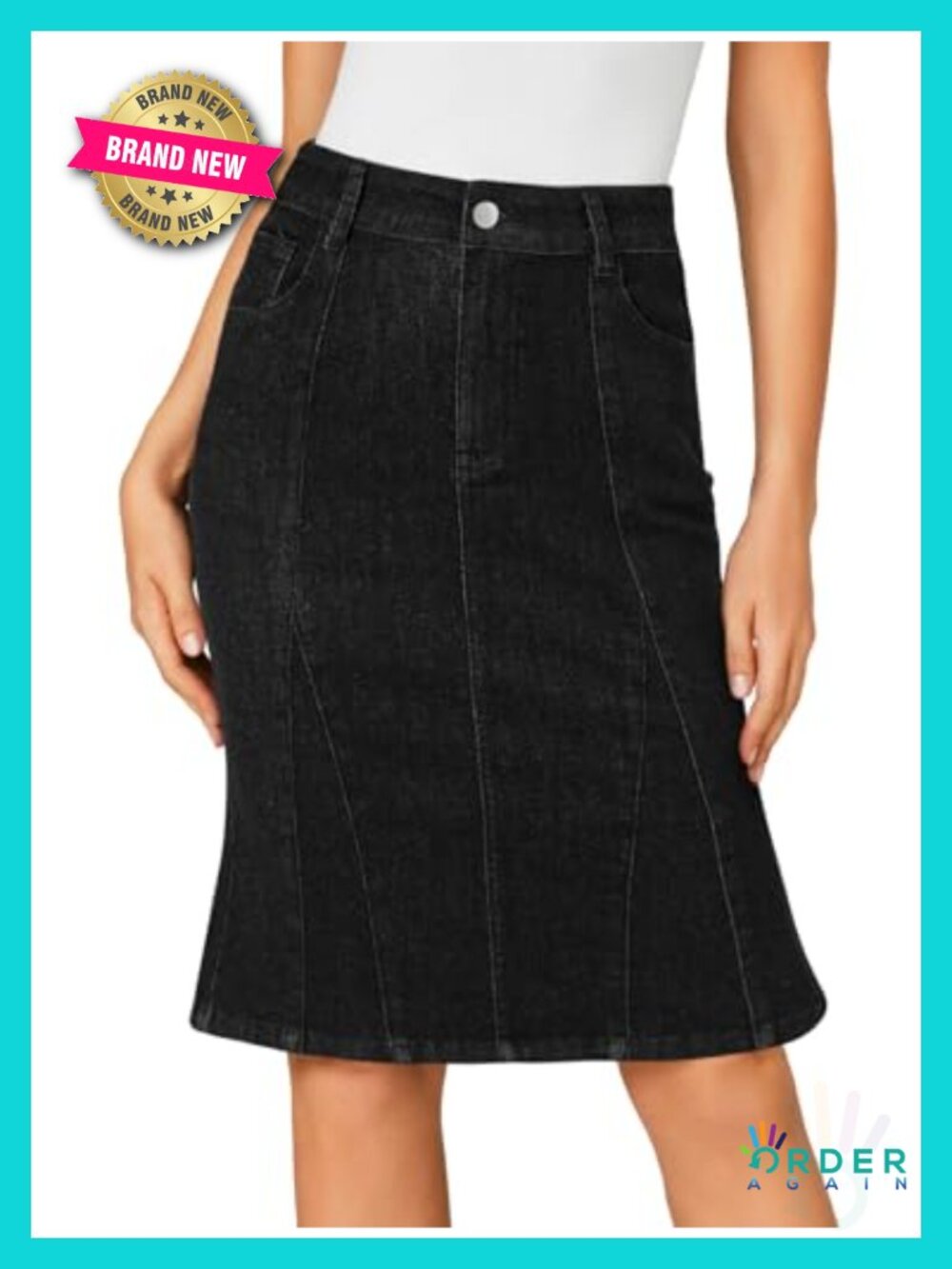 Women's High Waisted Stretch Denim Jean Skirt Knee Length Fishtail Ruffle Hem